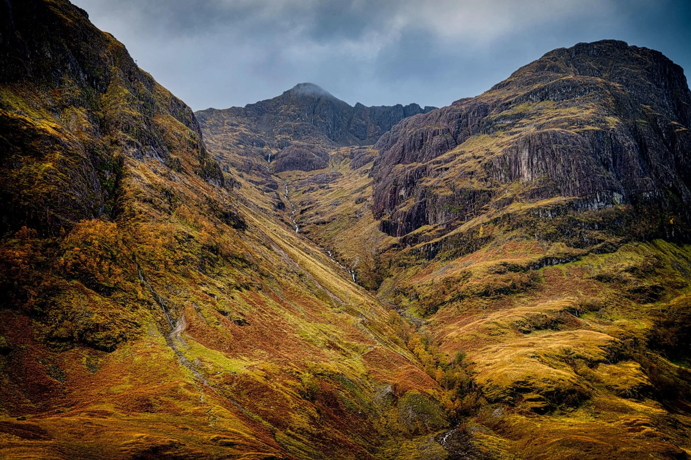 A dark mountain glen under heavy cloud with a river running through it