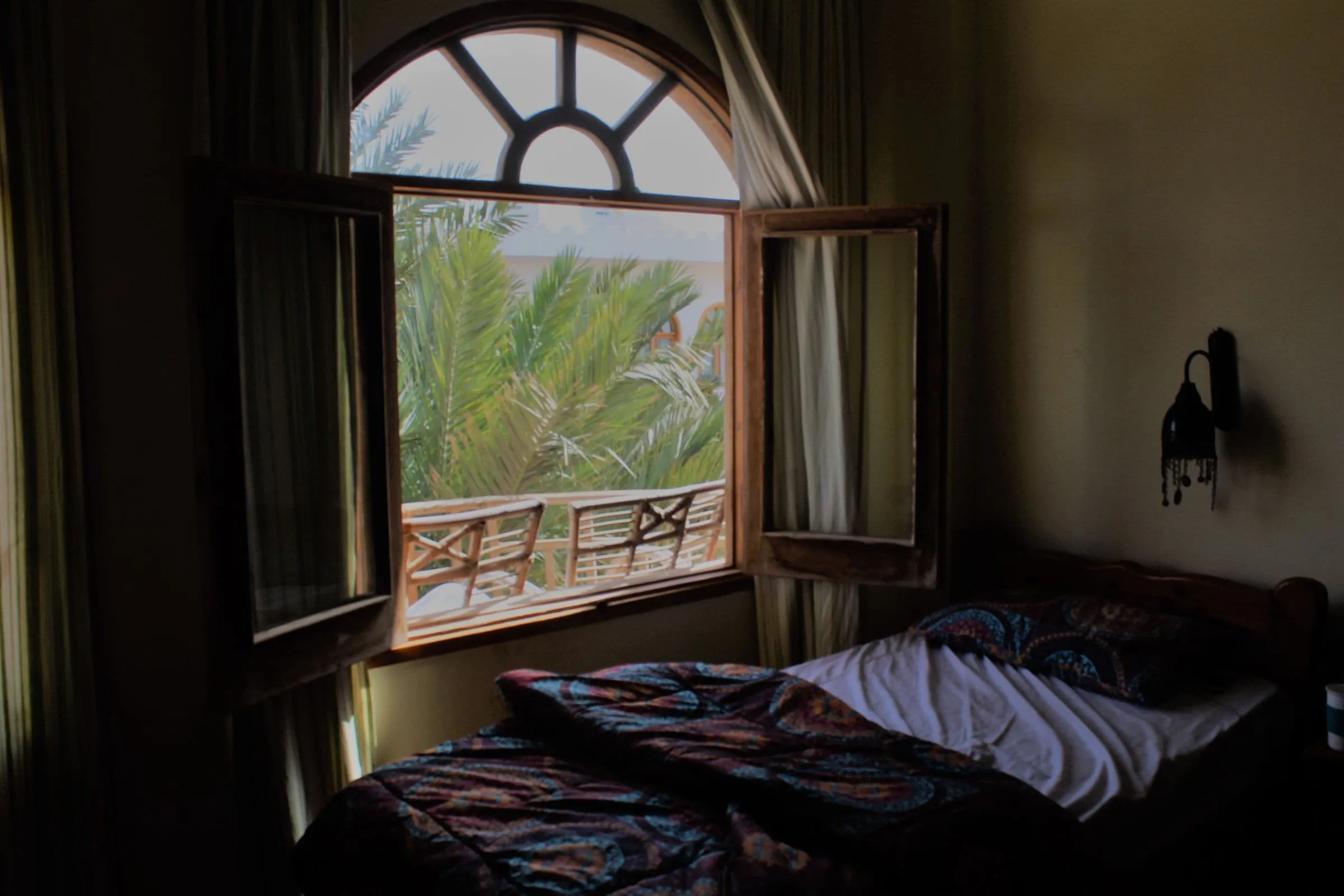 A quiet room with a window looking out onto trees at dusk